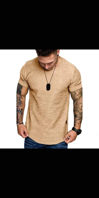 Casual beige tee for modern men's fashion at K-AROLE. Stylish short sleeve t-shirt with sleek tattoo details captures a refined athleisure look.