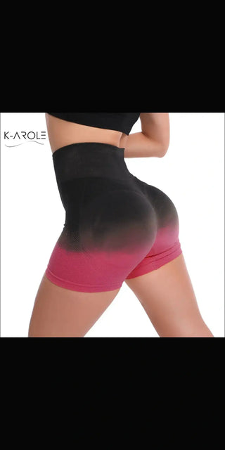 High-waisted ombre yoga shorts with a peach and pink gradient by K-AROLE™️™️