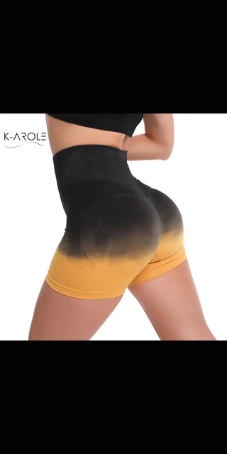 Black and yellow gradient hip-raise yoga shorts by K-AROLE, featuring a sleek, figure-flattering design for active lifestyles.