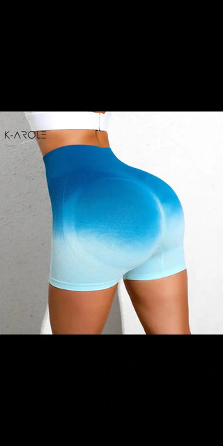 Stylish blue gradient yoga shorts with K-AROLE branding, showcasing a trendy athletic look.