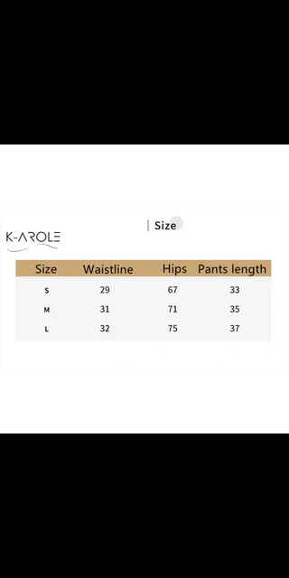 Stylish yoga pants by K-AROLE™️ with size chart showcasing waistline, hips, and length measurements.