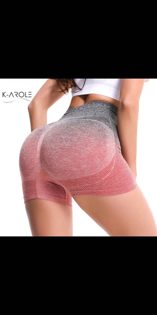 Stylish pink and gray ombre athletic shorts by K-AROLE, featuring a contoured fit and high-rise waistband for a flattering shape.