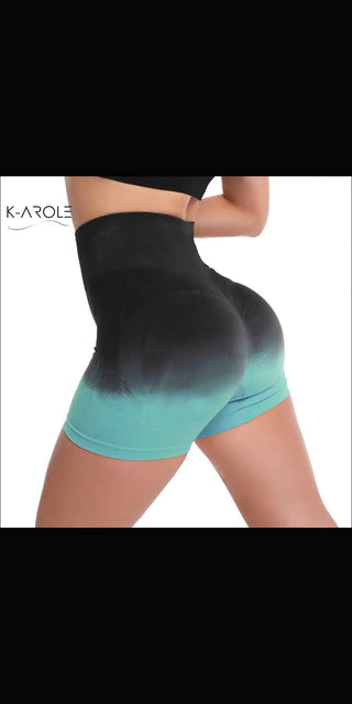 Stylish ombre K-AROLE yoga shorts with tie-dye print and high-rise waistband.