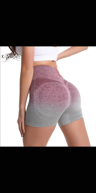 Stylish pink and grey ombre yoga shorts with high waist design by K-AROLE™️ fashion brand.