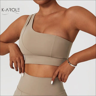 Sleek one-shoulder sportswear set: ribbed, stretch, shockproof yoga bra from K-AROLE's women's fashion collection.
