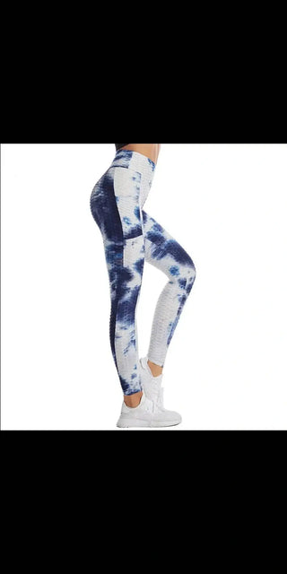 Stylish tie-dye sports leggings for active women, showcasing a vibrant blue and white pattern.
