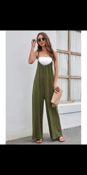 Strap High Waist Casual Wide Leg Jumpsuit - Army Green / L -