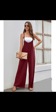 Strap High Waist Casual Wide Leg Jumpsuit - Wine Red / L -