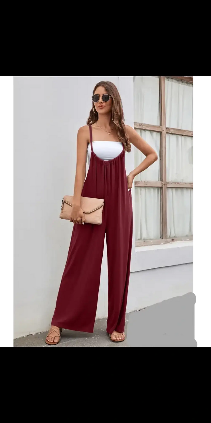 Strap High Waist Casual Wide Leg Jumpsuit - Wine Red / L -