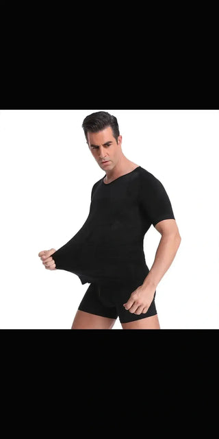 Stylish athletic man in black compression t-shirt showcasing modern athleisure wear from K-AROLE's collection.