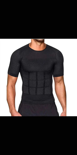 Compression t-shirt for men in black, featuring slimming panels for a sculpted look from K-AROLE's athleisure collection.