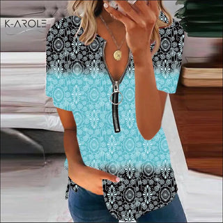 Woman Casual Shirt SummerK-AROLE Zipper V Neck Printed Pullover Ladies Blouse Fashion K-AROLE