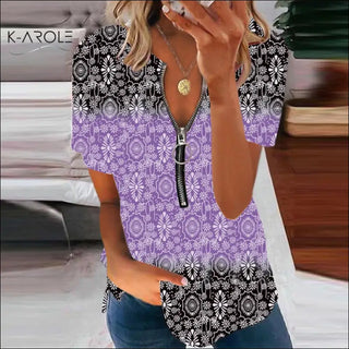 Woman Casual Shirt SummerK-AROLE Zipper V Neck Printed Pullover Ladies Blouse Fashion K-AROLE