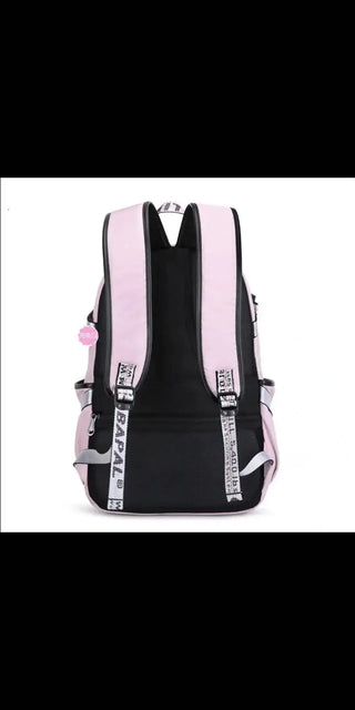 Stylish women's backpack with external USB charging port and sleek black and pink design.