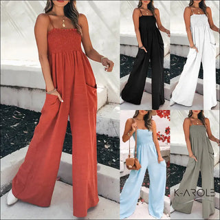 Fashionable women's casual jumpsuits from the K-AROLE store. The image showcases various styles including a solid red jumpsuit, a black jumpsuit, a white jumpsuit, a light blue jumpsuit, and a gray jumpsuit. The jumpsuits feature versatile designs with adjustable straps, pockets, and flowy wide-leg silhouettes, perfect for a relaxed, stylish look.