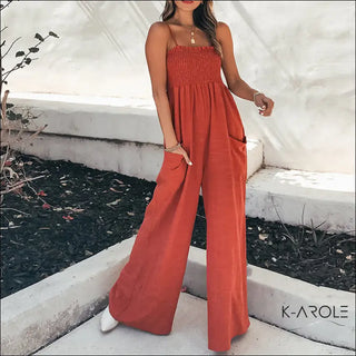 Casual women's red jumpsuit with wide leg design from K-AROLE fashion brand