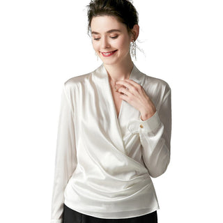 Womens Elegant Silk Blouse 100% Mulberry Silk Long Sleeves V Neck Top