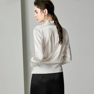 Damska elegancka jedwabna bluzka, 100% jedwabiu morwowego, z długimi rękawami i dekoltem w kształcie litery V