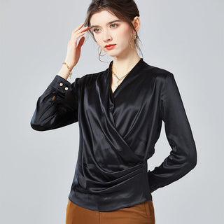 Womens Elegant Silk Blouse 100% Mulberry Silk Long Sleeves V Neck Top
