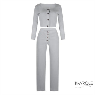 Stylish women's long sleeve set in gray from FashionExpress, featuring a sleek and tailored design with button details.