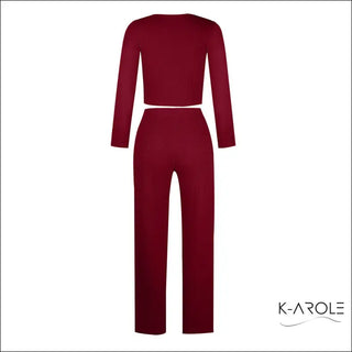 Burgundy women's long sleeve top and pant set with a sleek, modern design from fashion brand FashionExpress, showcasing a stylish and comfortable loungewear ensemble.