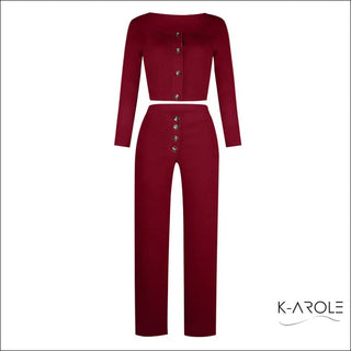 Elegant burgundy long-sleeve set with button accents, showcased on a plain white background in the K-AROLE product image.