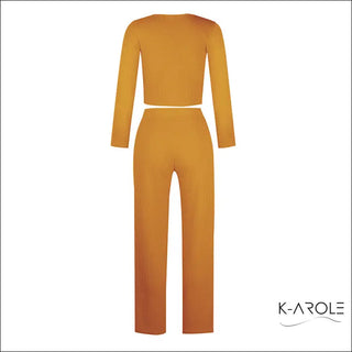 Stylish mustard yellow women's long sleeve two-piece set from FashionExpress, showcased on a clean white background featuring the K-AROLE store logo.
